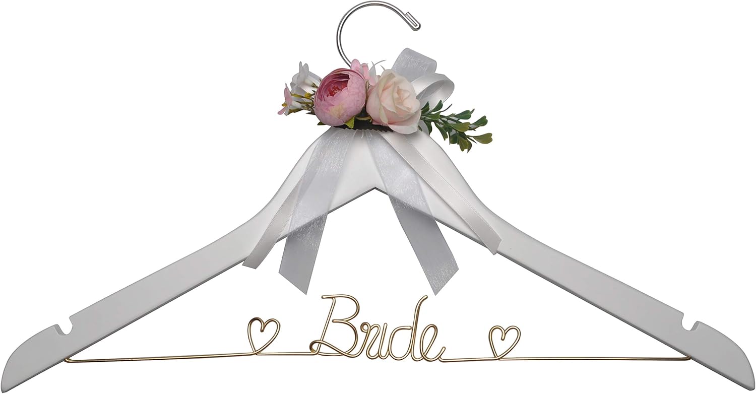 Wedding Dress Hanger - Bridal Wire Hanger Gift (White with Flowers)
